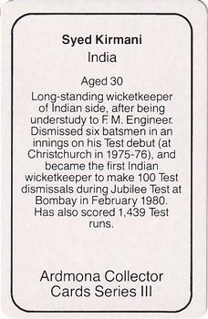 1980-81 Ardmona International Cricket #NNO Syed Kirmani Back