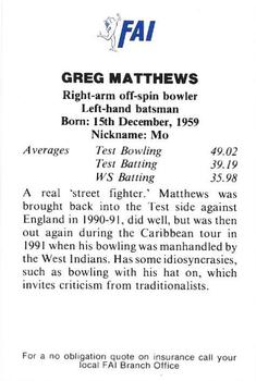 1991-92 FAI Collectors Edition #NNO Greg Matthews Back