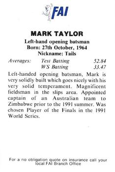 1991-92 FAI Collectors Edition #NNO Mark Taylor Back