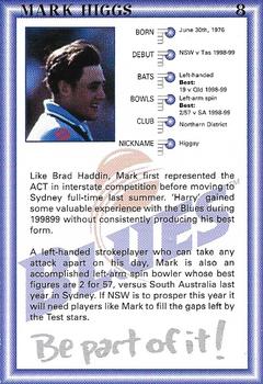 1999-00 New South Wales Blues Cricket #8 Mark Higgs Back