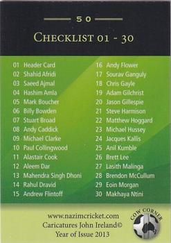 2013 Cow Corner Cricket Character Cards #50 Checklist 01 - 30 Back
