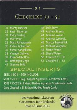 2013 Cow Corner Cricket Character Cards #51 Checklist 31 - 51 Back