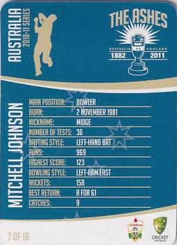 2010-11 Cricket Australia Ashes Mini Bat Player Card Collection #7 Mitchell Johnson Back