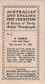 1928 Major Drapkin & Co. Australian and English Test Cricketers #4 Warren Bardsley Back