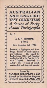 1928 Major Drapkin & Co. Australian and English Test Cricketers #5 Percy Chapman Back