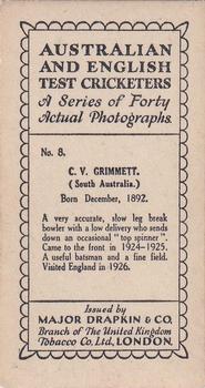 1928 Major Drapkin & Co. Australian and English Test Cricketers #8 Clarrie Grimmett Back