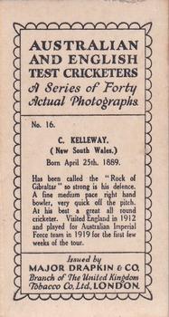 1928 Major Drapkin & Co. Australian and English Test Cricketers #16 Charlie Kelleway Back