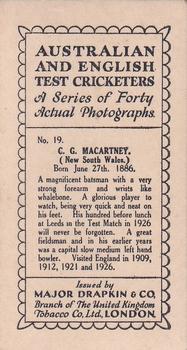1928 Major Drapkin & Co. Australian and English Test Cricketers #19 Charlie Macartney Back