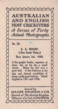 1928 Major Drapkin & Co. Australian and English Test Cricketers #20 Arthur Mailey Back