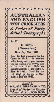 1928 Major Drapkin & Co. Australian and English Test Cricketers #27 Harry Smith Back