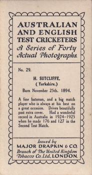 1928 Major Drapkin & Co. Australian and English Test Cricketers #29 Herbert Sutcliffe Back