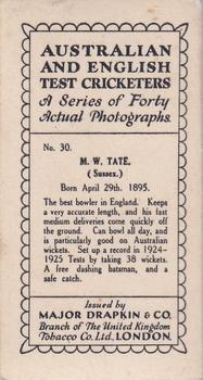 1928 Major Drapkin & Co. Australian and English Test Cricketers #30 Maurice Tate Back