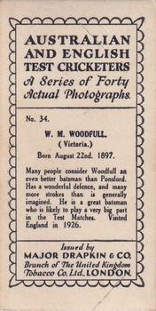 1928 Major Drapkin & Co. Australian and English Test Cricketers #34 Bill Woodfull Back