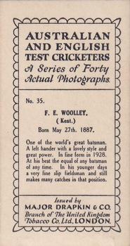 1928 Major Drapkin & Co. Australian and English Test Cricketers #35 Frank Woolley Back
