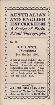 1928 Major Drapkin & Co. Australian and English Test Cricketers #36 Bob Wyatt Back