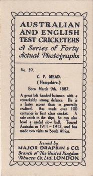 1928 Major Drapkin & Co. Australian and English Test Cricketers #39 Phil Mead Back