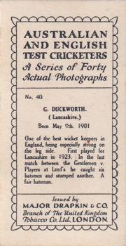 1928 Major Drapkin & Co. Australian and English Test Cricketers #40 George Duckworth Back