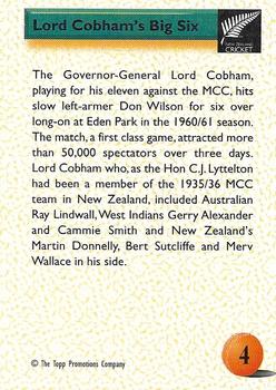 1995 The Topp Promotions Co. Centenary of New Zealand Cricket #4 Lord Cobham Back