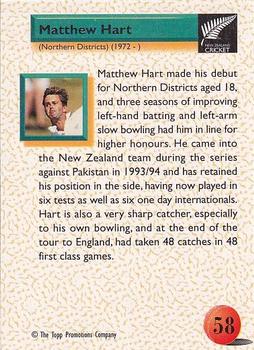 1995 The Topp Promotions Co. Centenary of New Zealand Cricket #58 Matthew Hart Back