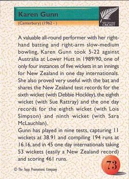 1995 The Topp Promotions Co. Centenary of New Zealand Cricket #73 Karen Gunn Back