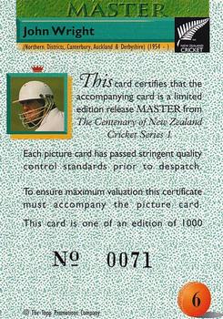 1995 The Topp Promotions Co. Centenary of New Zealand Cricket - The Masters #6 John Wright Back