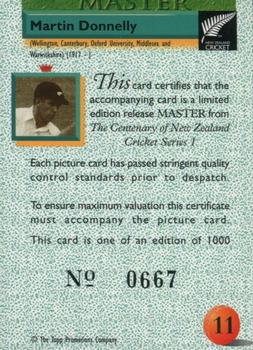 1995 The Topp Promotions Co. Centenary of New Zealand Cricket - The Masters #11 Martin Donnelly Back