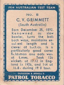 1934 Dudgeon & Arnell Australian Test Team #8 Clarrie Grimmett Back