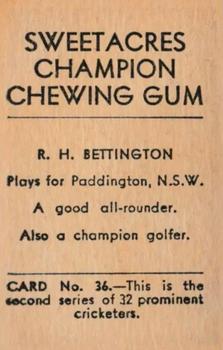 1932 Sweetacres Champion Chewing Gum #36 Reg Bettington Back