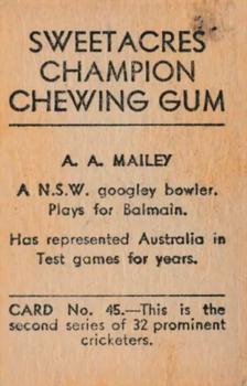 1932 Sweetacres Champion Chewing Gum #45 Arthur Mailey Back