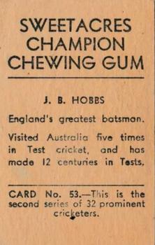 1932 Sweetacres Champion Chewing Gum #53 Jack Hobbs Back