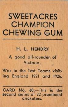 1932 Sweetacres Champion Chewing Gum #60 Hunter Hendry Back