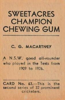 1932 Sweetacres Champion Chewing Gum #63 Charlie Macartney Back