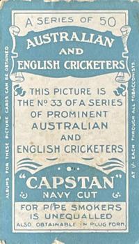 1911-12 Wills's Australian and English Cricketers #33 Razor Smith Back