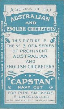 1911-12 Wills's Australian and English Cricketers #3 Warren Bardsley Back
