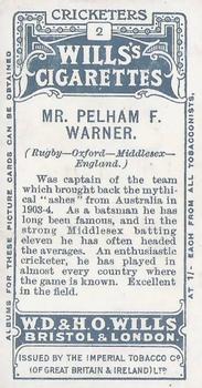 1908 WILLS's Cigarettes; Cricketers #2 Pelham Warner Back