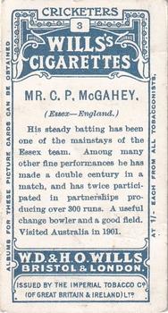 1908 WILLS's Cigarettes; Cricketers #3 Charles McGahey Back