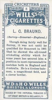 1908 WILLS's Cigarettes; Cricketers #5 Len Braund Back