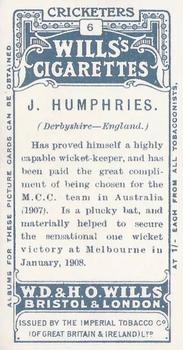 1908 WILLS's Cigarettes; Cricketers #6 Joseph Humphries Back