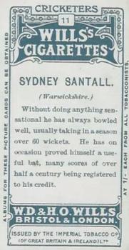 1908 WILLS's Cigarettes; Cricketers #11 Sydney Santall Back