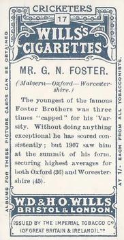 1908 WILLS's Cigarettes; Cricketers #17 Geoffrey Foster Back