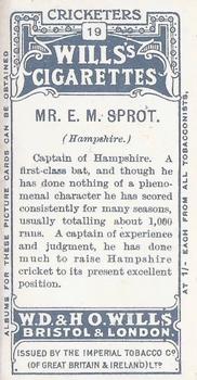 1908 WILLS's Cigarettes; Cricketers #19 Edward Sprot Back