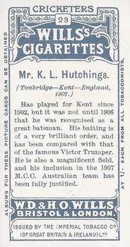 1908 WILLS's Cigarettes; Cricketers #23 Ken Hutchings Back