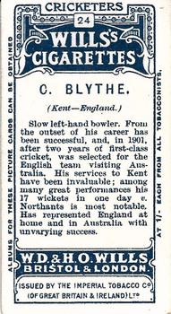 1908 WILLS's Cigarettes; Cricketers #24 Colin Blythe Back