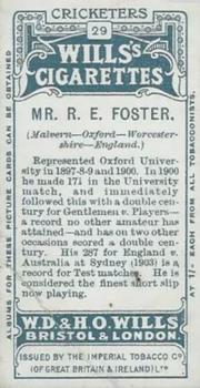 1908 WILLS's Cigarettes; Cricketers #29 Reginald Foster Back