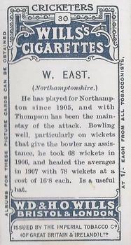 1908 WILLS's Cigarettes; Cricketers #30 William East Back