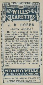 1908 WILLS's Cigarettes; Cricketers #32 Jack Hobbs Back