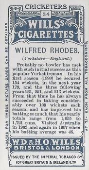 1908 WILLS's Cigarettes; Cricketers #34 Wilfred Rhodes Back