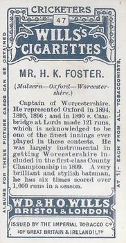1908 WILLS's Cigarettes; Cricketers #47 Harry Foster Back