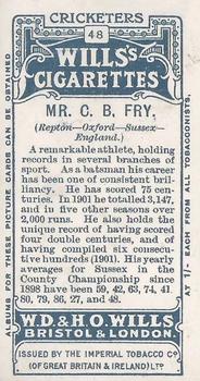 1908 WILLS's Cigarettes; Cricketers #48 Charles Fry Back