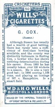 1908 WILLS's Cigarettes; Cricketers #50 George Cox Back